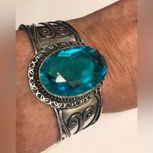 Blue Topaz Stamped 925 Sterling Silver Cuff Bracelet